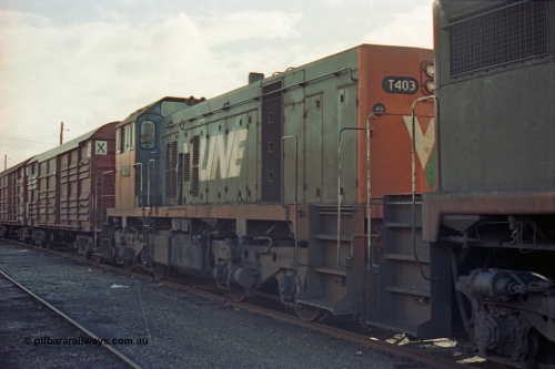 103-30
Benalla station yard, broad gauge V/Line T class loco T 403 with serial 67-498 a Clyde Engineering Granville NSW built EMD model G18B, LHS view from rear.
Keywords: T-class;T403;Clyde-Engineering-Granville-NSW;EMD;G18B;67-498;