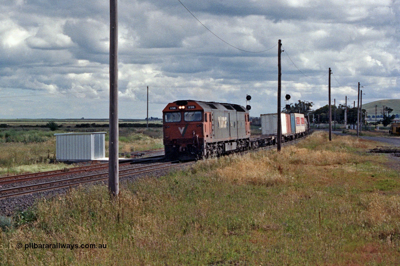 104-19
Wallan Loop, standard gauge V/Line G class loco G 515 with serial 85-1243 a Clyde Engineering Rosewater SA built EMD model JT26C-2SS leads a down Albury bound goods, standard gauge gangers trolley shed on the loop line.
Keywords: G-class;G515;Clyde-Engineering-Rosewater-SA;EMD;JT26C-2SS;85-1243;