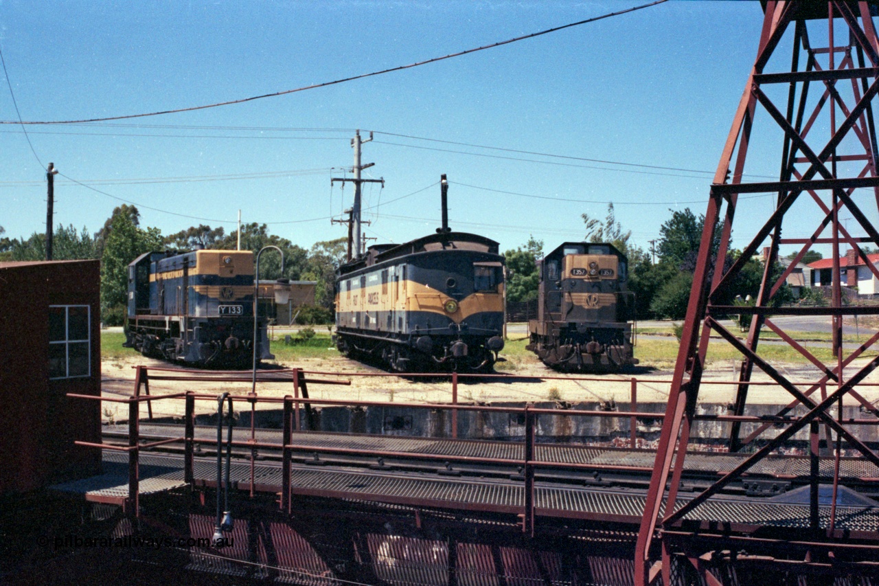 105-30
Seymour loco depot broad gauge turntable roads, VR liveried locos Y class Y 133 Clyde Engineering EMD model G6B serial 65-399, Tait CM class parcels coach and T class T 357 Clyde Engineering EMD model G8B serial 61-242 all under SHRC ownership.
Keywords: Y-class;Y133;Clyde-Engineering-Granville-NSW;EMD;G6B;65-399;