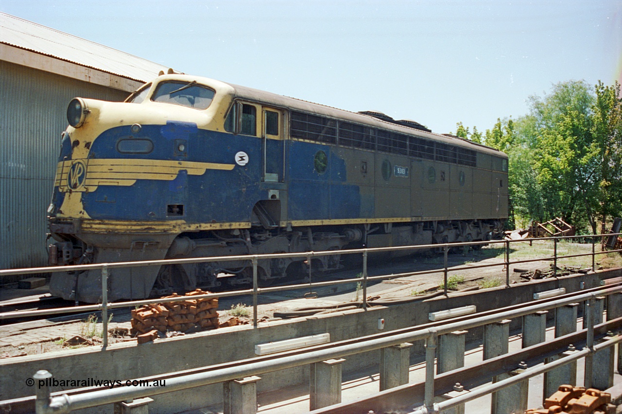 105-34
Seymour loco depot, broad gauge Victorian Railways S class S 303 'C J Latrobe' Clyde Engineering EMD model A7 serial 57-167 in withdrawn condition sits at the turntable under SRHC ownership.
Keywords: S-class;S303;Clyde-Engineering-Granville-NSW;EMD;A7;57-167;bulldog;