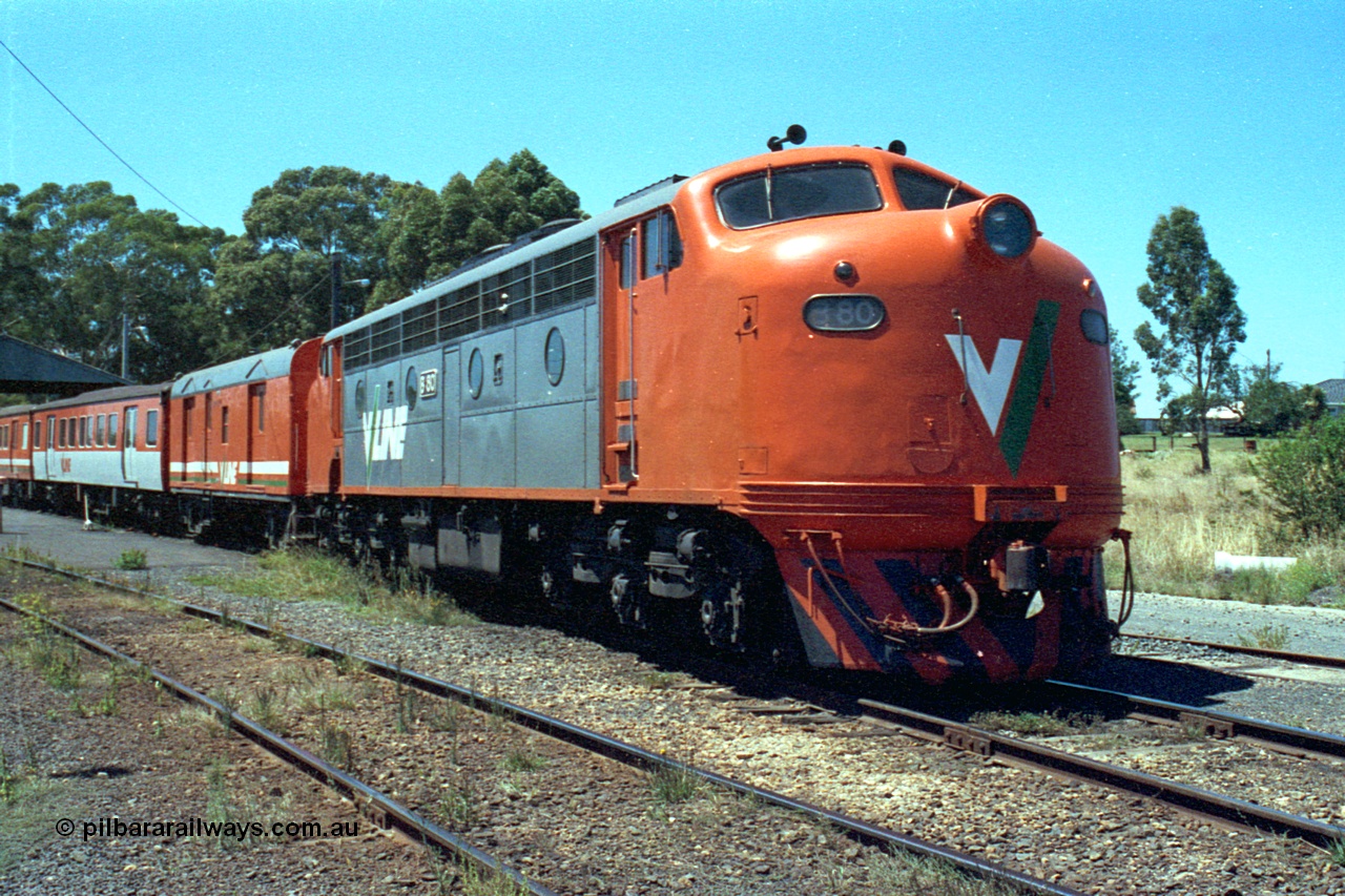 105-37
Seymour loco depot, broad gauge V/Line B class loco B 80 Clyde Engineering EMD model ML2 serial ML2-21 with the stabled scratch passenger set of CP class van and MTH trailers.
Keywords: B-class;B80;Clyde-Engineering-Granville-NSW;EMD;ML2;ML2-21;bulldog;
