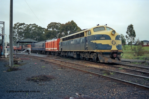 106-17
Seymour broad gauge passenger stabling yard, V/Line B class loco B 65 Clyde Engineering EMD model ML2 serial ML2-6 still in VR or Victorian Railways blue and gold livery with the stabled scratch set, CP class bogie guards van, AE class and MTH class bogie passenger carriages.
Keywords: B-class;B65;Clyde-Engineering-Granville-NSW;EMD;ML2;ML2-6;bulldog;CP-van;AE-class;MTH-class;