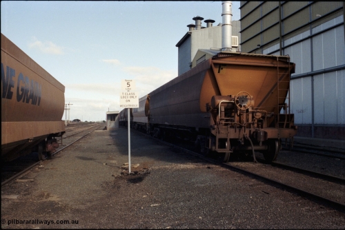 107-22
Echuca yard view, Sidings A at left, weighbridge track and Ricegrowers Co-op at right, sign for weighbridge, broad gauge V/Line Grain VHGF and VHHF type bogie grain waggons.
Keywords: VHGF-type;VHHF-type;