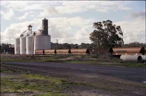 107-32
Echuca station yard view, V/Line Grain broad gauge VHGF type bogie grain waggons on No.4 Rd, former goods shed platform visible, two styles of Ascom silo complex and water tank in background.
Keywords: VHGF-type;