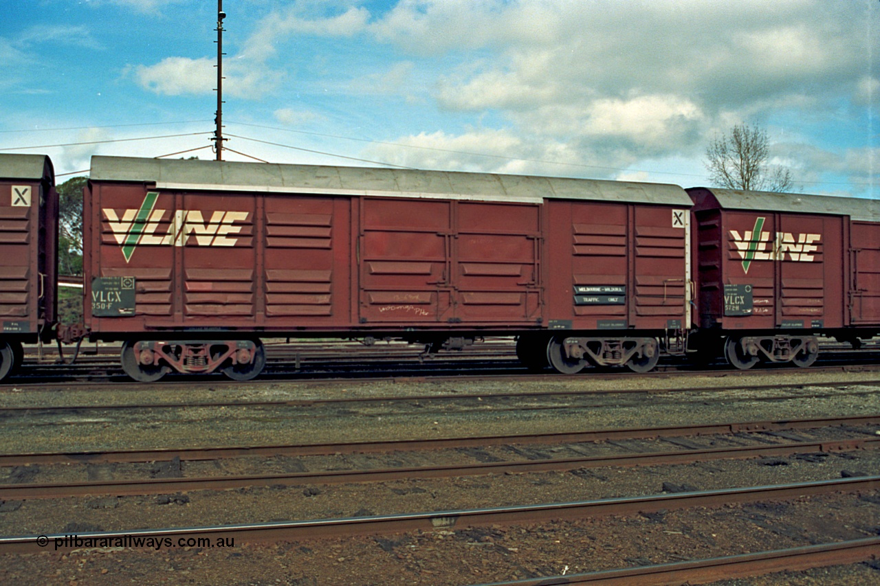 110-07
Benalla yard view, broad gauge V/Line VLCX type bogie louvre van VLCX 350 stencilled 'Melb - Mildura Traffic Only', stabled down Wodonga goods train 9303. Built in November 1965 by Ballarat North Workshops as VLX type, recoded in April 1979.
Keywords: VLCX-type;VLCX350;Victorian-Railways-Ballarat-Nth-WS;VLX-type;