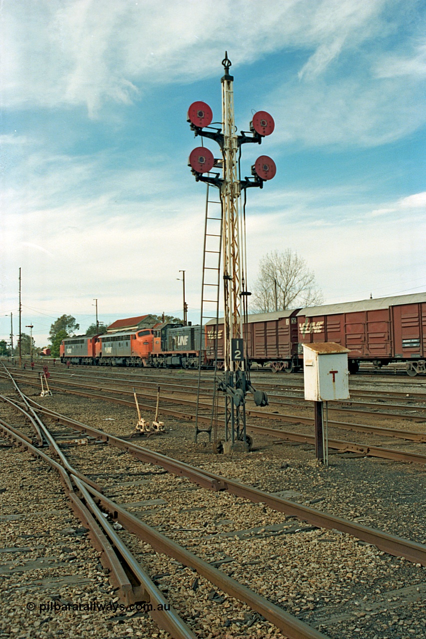 110-08
Benalla yard view, quad disc signal post 12 looking north, broad gauge V/Line S class S 302 'Edward Henty' Clyde Engineering EMD model A7 serial 57-166, B class B 64 Clyde Engineering EMD model ML2 serial ML2-5 and V/Line T class loco T 403 with serial 67-498 a Clyde Engineering Granville NSW built EMD model G18B, stabled down Wodonga goods train 9303, point levers, telephone cabinet for talking to signal box.
Keywords: S-class;S302;Clyde-Engineering-Granville-NSW;EMD;A7;57-166;bulldog;B-class;B64;ML2;ML2-5;T-class;T403;G18B;67-498;