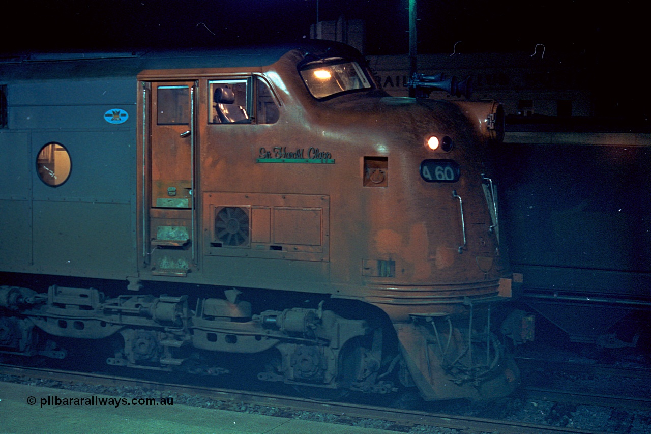 110-28
Seymour station platform, V/Line broad gauge A class locomotive A 60 'Sir Harold Clapp' Clyde Engineering EMD model AAT22C-2R serial 84-1184 rebuilt from B 60 'Sir Harold Clapp' Clyde Engineering EMD model ML2 serial ML2-1 waiting to run the Sunday evening down Cobram passenger train 8345.
Keywords: A-class;bulldog;A60;Clyde-Engineering-Rosewater-SA;EMD;AAT22C-2R;84-1184;rebuild;