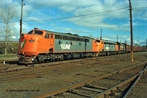 110-11
Benalla yard overview, broad gauge V/Line S class S 302 'Edward Henty' Clyde Engineering EMD model A7 serial 57-166, B class B 64 Clyde Engineering EMD model ML2 serial ML2-5 and V/Line T class loco T 403 with serial 67-498 a Clyde Engineering Granville NSW built EMD model G18B with stabled down Wodonga goods train 9303, point indicators.
Keywords: S-class;S302;Clyde-Engineering-Granville-NSW;EMD;A7;57-166;bulldog;B-class;B64;ML2;ML2-5;T-class;T403;G18B;67-498;