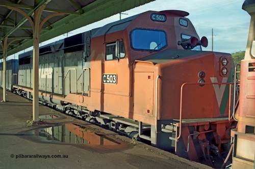 110-20
Albury station platform, V/Line standard gauge C class C 503 Clyde Engineering EMD model GT26C serial 76-826, trailing unit on up goods train.
Keywords: C-class;C503;Clyde-Engineering-Rosewater-SA;EMD;GT26C;76-826;