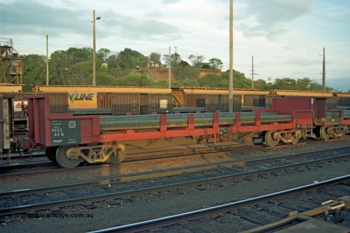 110-23
Albury south yard, V/Line broad gauge VKEX type bogie slab steel waggon VKEX 44 on 9334 up steel train to Long Island. Waggon started life as an ELX type ELX 363 built at Bendigo Workshops in June 1971, in September 1979 to VOBX, in March 1984 to VOEX 44, then June 1987 to VKEX.
Keywords: VKEX-type;VKEX44;Victorian-Railways-Bendigo-WS;ELX-type;ELX363;