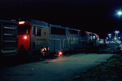 110-30
Seymour station platform two, V/Line broad gauge N class N 457 'City of Mildura' Clyde Engineering EMD model JT22HC-2 serial 85-1225 leads the combined Albury - Cobram passenger train 8343, which splits here, looking north down Seymour yard, X class on stabled grain train.
Keywords: N-class;N457;Clyde-Engineering-Somerton-Victoria;EMD;JT22HC-2;85-1225;
