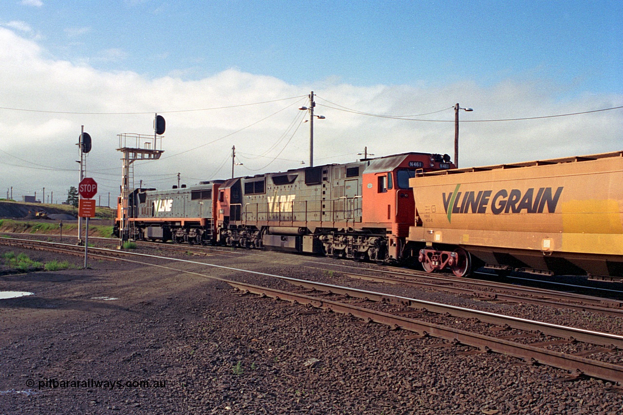 111-21
North Geelong grain arrivals yard, V/Line broad gauge loco X class X 47 Clyde Engineering EMD model G26C serial 75-794 and N class N 461 'City of Ararat' Clyde Engineering EMD model JT22HC-2 serial 86-1190, V/Line, running to grain loop with a loaded grain rake past signal posts 19 and 19B down home signals, trailing shot.
Keywords: X-class;X47;Clyde-Engineering-Rosewater-SA;EMD;G26C;75-794;