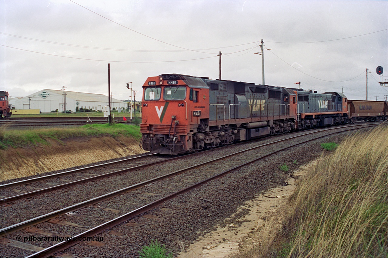 111-29
North Geelong C Box, V/Line broad gauge locomotives N class N 461 'City of Ararat' Clyde Engineering EMD model JT22HC-2 serial 86-1190 and X class X 47 Clyde Engineering EMD model G26C serial 75-794 with another loaded grain rake on the South Goods Loop heading for the grain loop, the North Goods Loop is closest to the camera.
Keywords: N-class;N461;Clyde-Engineering-Somerton-Victoria;EMD;JT22HC-2;86-1190;