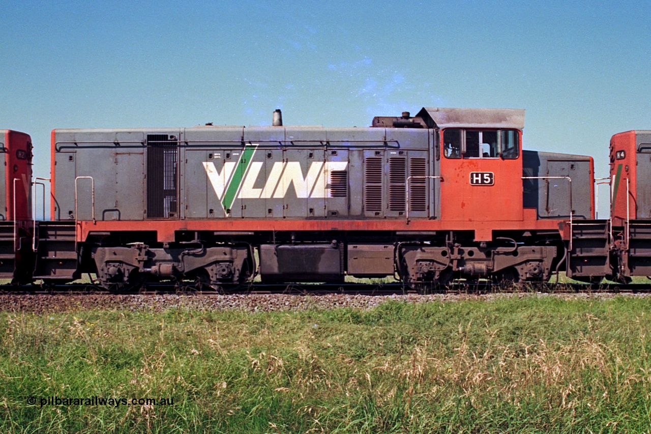 112-23
North Geelong grain loop, V/Line broad gauge H class H 5 Clyde Engineering EMD model G18B serial 68-632, RHS view, between sisters H 2 serial 68-630 and H 4 serial 68-633, grain loop unloading operations.
Keywords: H-class;H5;Clyde-Engineering-Granville-NSW;EMD;G18B;68-632;H2;68-630;H4;68-633;