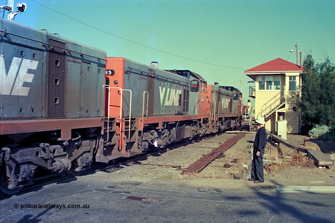 112-34
North Geelong C Box, V/Line broad gauge H class locos H 4 Clyde Engineering EMD model G18B serial 68-633, H 5 serial 68-632 and H 2 serial 68-630, grain loop shunt engines returning light engine to Geelong loco depot obtain the staff to Nth Geelong B Box from the C Box signaller, safeworking, point rodding, signal box.
Keywords: H-class;H4;Clyde-Engineering-Granville-NSW;EMD;G18B;68-633;H5;68-632;H2;68-630;