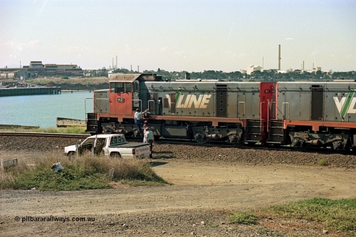 112-26
North Geelong grain loop, V/Line broad gauge H class H 2 Clyde Engineering EMD model G18B serial 68-630, LHS view coupled to sister H 5 serial 68-632, grain loop unloading operations, crew change taking effect.
Keywords: H-class;H2;Clyde-Engineering-Granville-NSW;EMD;G18B;68-630;H5;68-632;