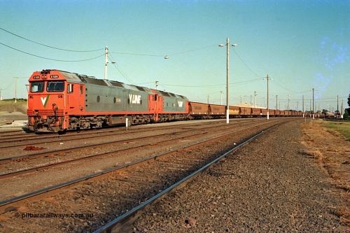 112-36
North Geelong yard view, V/Line broad gauge G class G 529 Clyde Engineering EMD model JT26C-2SS serial 88-1259 and another G class with an empty grain train waiting for departure time.
Keywords: G-class;G529;Clyde-Engineering-Somerton-Victoria;EMD;JT26C-2SS;88-1259;