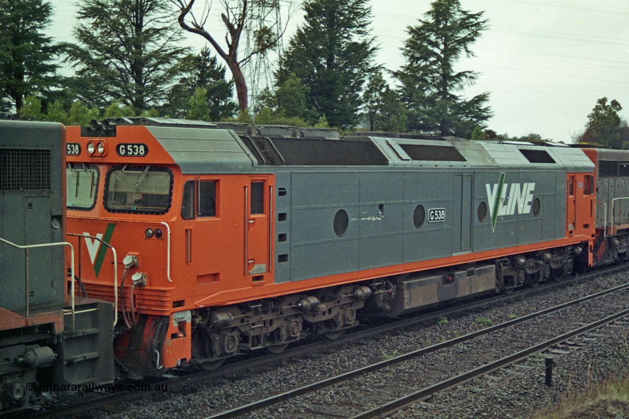 113-10
Warrenheip, V/Line broad gauge G class G 538 Clyde Engineering EMD model JT26C-2SS serial 89-1271, clean paint, part of up Adelaide goods train 9150, in miserable conditions, poor quality.
Keywords: G-class;G538;Clyde-Engineering-Somerton-Victoria;EMD;JT26C-2SS;89-1271;