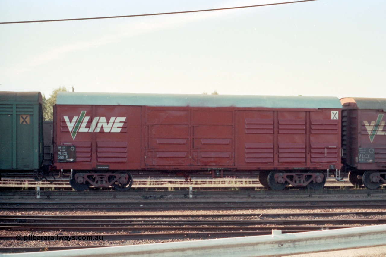 114-22
Benalla yard, V/Line broad gauge VLCX type bogie louvre van VLCX 568 side view, originally built in September 1967 at Victorian Railways Ballarat North Workshops as a VLX type, stabled Wodonga 9303 goods train.
Keywords: VLCX-type;VLCX568;Victorian-Railways-Ballarat-Nth-WS;VLX-type;