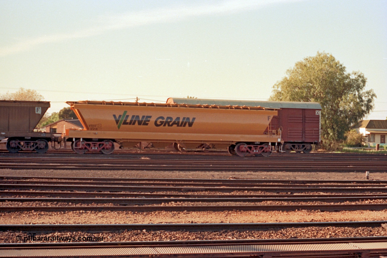 114-24
Benalla V/Line Grain broad gauge VHHF type bogie grain waggon VHHF 851, looking very new. VHHF was built by Victorian Railways Ballarat North Workshops in 1982 as a VHHY type; recoded to VHHF in 1987.
Keywords: VHHF-type;VHHF851;Victorian-Railways-Ballarat-Nth-WS;VHHY-type;