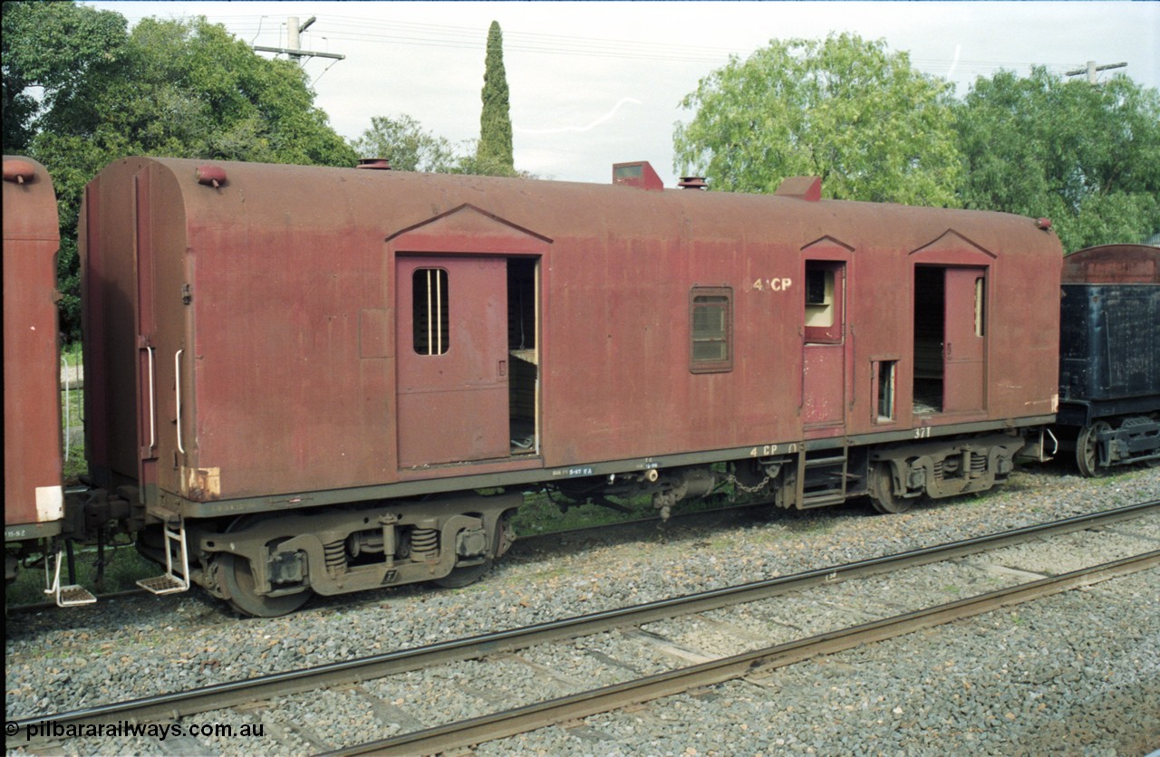 117-16
Benalla, stored broad gauge CP type bogie guards van 4 CP. Built by AE Goodwin NSW in June 1957 as CP type, re-coded in May 1965 to JCP 8 for Joint Stock service, in October 1982 back to CP 4.
Keywords: CP-type;CP4;AE-Goodwin;JCP-type;JCP8;