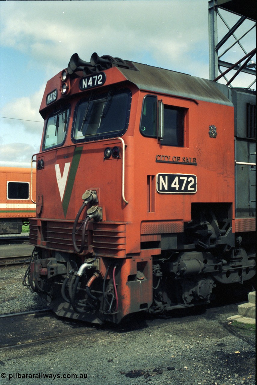 117-23
Seymour loco depot, fuel and sanding point, V/Line N class N 472 'City of Sale' Clyde Engineering EMD model JT22HC-2 serial 87-1201, cab side, name plate and staff exchanger.
Keywords: N-class;N472;Clyde-Engineering-Somerton-Victoria;EMD;JT22HC-2;87-1201;