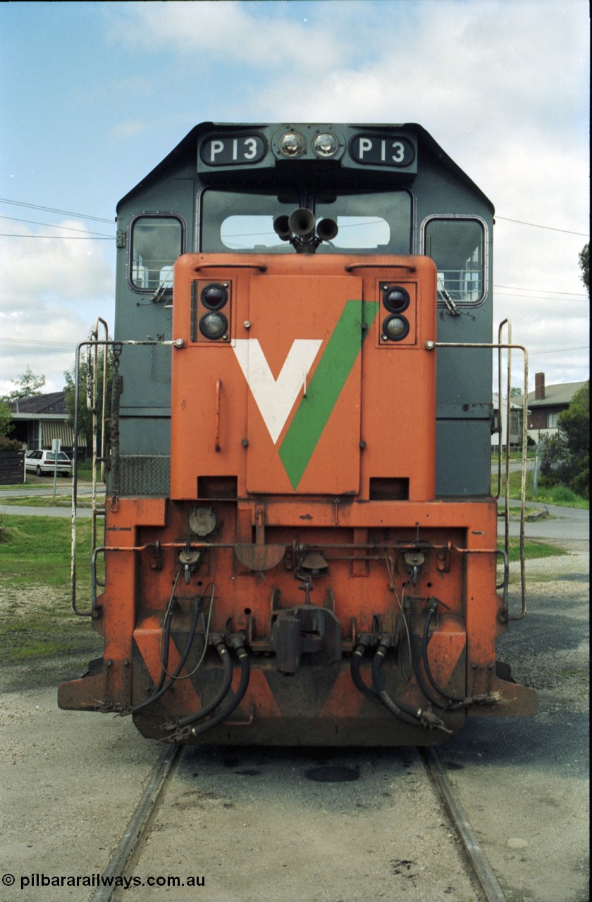 117-31
Seymour loco depot V/Line P class P 13 Clyde Engineering EMD model G18HBR serial 84-1207 rebuilt from T 340 Clyde Engineering EMD model G8B serial 56-119, front view, turntable roads.
Keywords: P-class;P13;Clyde-Engineering-Somerton-Victoria;EMD;G18HBR;84-1207;rebuild;