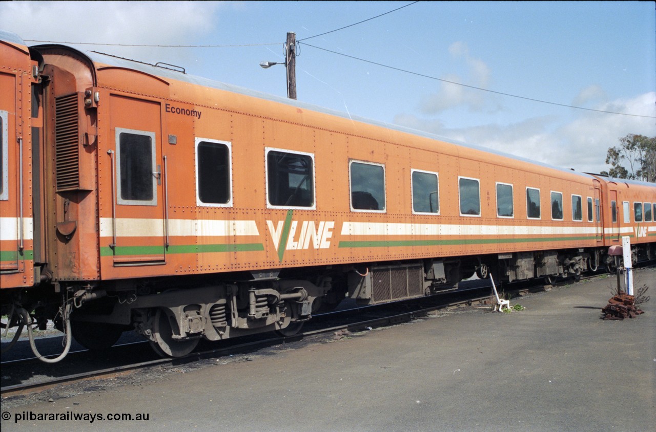 117-36
Seymour loco depot, V/Line BS class bogie passenger coach BS 211. Built in November 1937 at Newport Workshops as broad gauge Sprit of Progress 1st Class coach #3, in August 1939 recoded to AS 3, then in 1983 to BS 11 (2nd) and then August 1984 to BS 211.
Keywords: BS-class;BS211;AS-class;AS3;BS11;