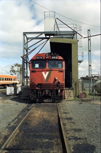 117-20
Seymour loco depot, fuel and sanding point, V/Line N class N 472 'City of Sale' Clyde Engineering EMD model JT22HC-2 serial 87-1201, front view.
Keywords: N-class;N472;Clyde-Engineering-Somerton-Victoria;EMD;JT22HC-2;87-1201;