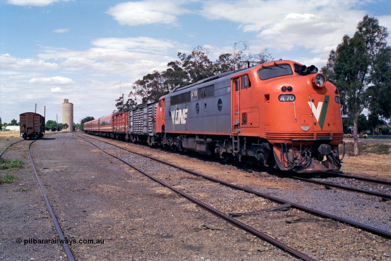 118-18
Cobram station yard overview, stabled up passenger train, V/Line broad gauge A class A 70 Clyde Engineering EMD model AAT22C-2R serial 84-1187 rebuilt from B 70 Clyde Engineering EMD model ML2 serial ML2-11 with PH class power van PH 451, D van and Z set Z 56, D van in yard and silos in distance.
Keywords: A-class;A70;Clyde-Engineering-Rosewater-SA;EMD;AAT22C-2R;84-1187;rebuild;bulldog;