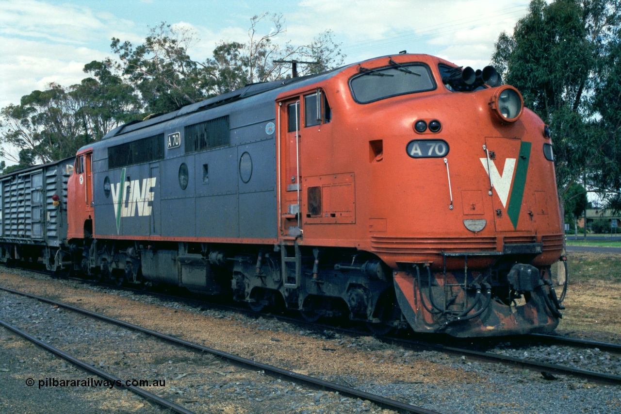 118-19
Cobram, V/Line broad gauge A class A 70 Clyde Engineering EMD model AAT22C-2R serial 84-1187 rebuilt from B 70 Clyde Engineering EMD model ML2 serial ML2-11 on stabled up passenger train.
Keywords: A-class;A70;Clyde-Engineering-Rosewater-SA;EMD;AAT22C-2R;84-1187;rebuild;bulldog;