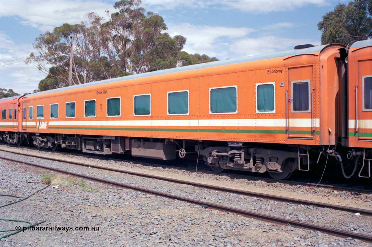 118-23
Cobram, V/Line broad gauge BRS class bogie passenger carriage BRS 226 with combined sitting accommodation and a mini refreshment service or snack bar, part of Z set Z 56. Originally built in November 1937 as #6 Second Class sitting carriage for the Spirit of Progress, in August 1939 is was coded BS type BS 1, in July 1977 was one of two converted to MRS type mini refreshment service MRS 2, then in April 1984 converted to BRS.
Keywords: BRS-type;BRS226;Victorian-Railways-Newport-WS;BS-type;BS1;MBS-type;MBS2;