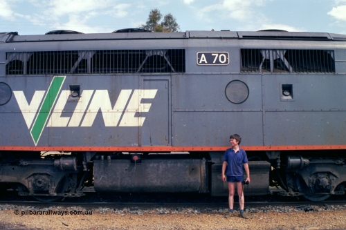 118-21
Cobram, V/Line broad gauge A class A 70 Clyde Engineering EMD model AAT22C-2R serial 84-1187 rebuilt from B 70 Clyde Engineering EMD model ML2 serial ML2-11, mid shot of fuel tank and battery box, Dave Hardidge in shot.
Keywords: A-class;A70;Clyde-Engineering-Rosewater-SA;EMD;AAT22C-2R;84-1187;rebuild;bulldog;