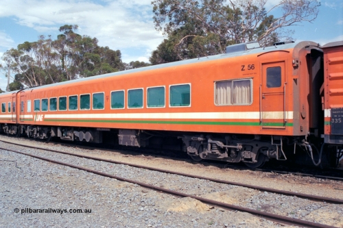 118-22
Cobram, V/Line broad gauge ACZ type bogie passenger carriage ACZ 256 with guards periscope part of steel Z set Z 56. Originally built by Victorian Railways Newport Workshops in February 1958 as AZ type steel first class sitting carriage AZ 6, in June 1972 modified to 56 seats and in December 1984 converted to ACZ.
Keywords: ACZ-type;ACZ256;Victorian-Railways-Newport-WS;AZ-type;AZ6;