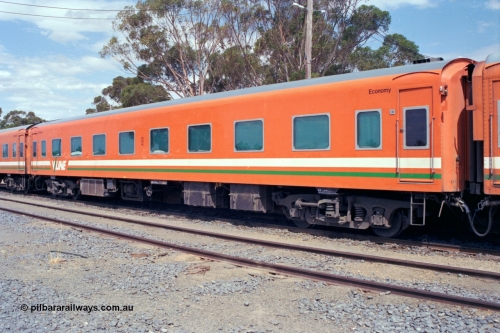 118-24
Cobram, V/Line broad gauge BS type bogie passenger carriage BS 201 part of Z set Z 56. Originally built by Newport Workshops in March 1949 as an AS type First Class sitting car for the Spirit of Progress AS 11, recoded in June 1982 to BS type BS 1 (2nd), then in August 1984 to BS 201.
Keywords: BS-type;BS201;Victorian-Railways-Newport-WS;AS-type;AS11;BS1;