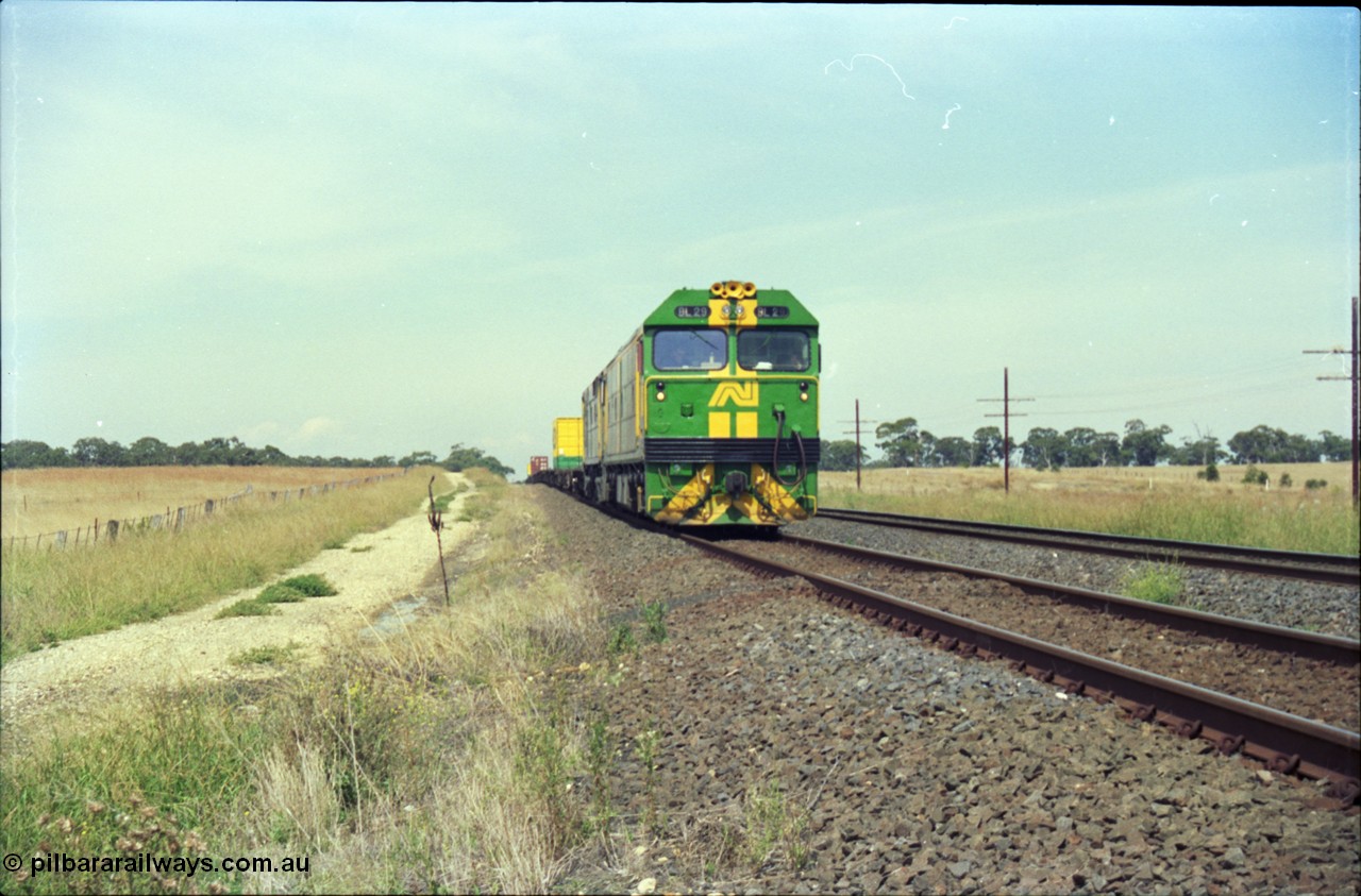 119-29
Parwan Loop, Australian National broad gauge locos BL class BL 29 Clyde Engineering EMD model JT26C-2SS serial 83-1013 and 700 class 703 AE Goodwin ALCo model DL500G serial G6059-1 with down Adelaide goods train 9145 on the mainline.
Keywords: BL-class;BL29;83-1013;Clyde-Engineering-Rosewater-SA;EMD;JT26C-2SS;