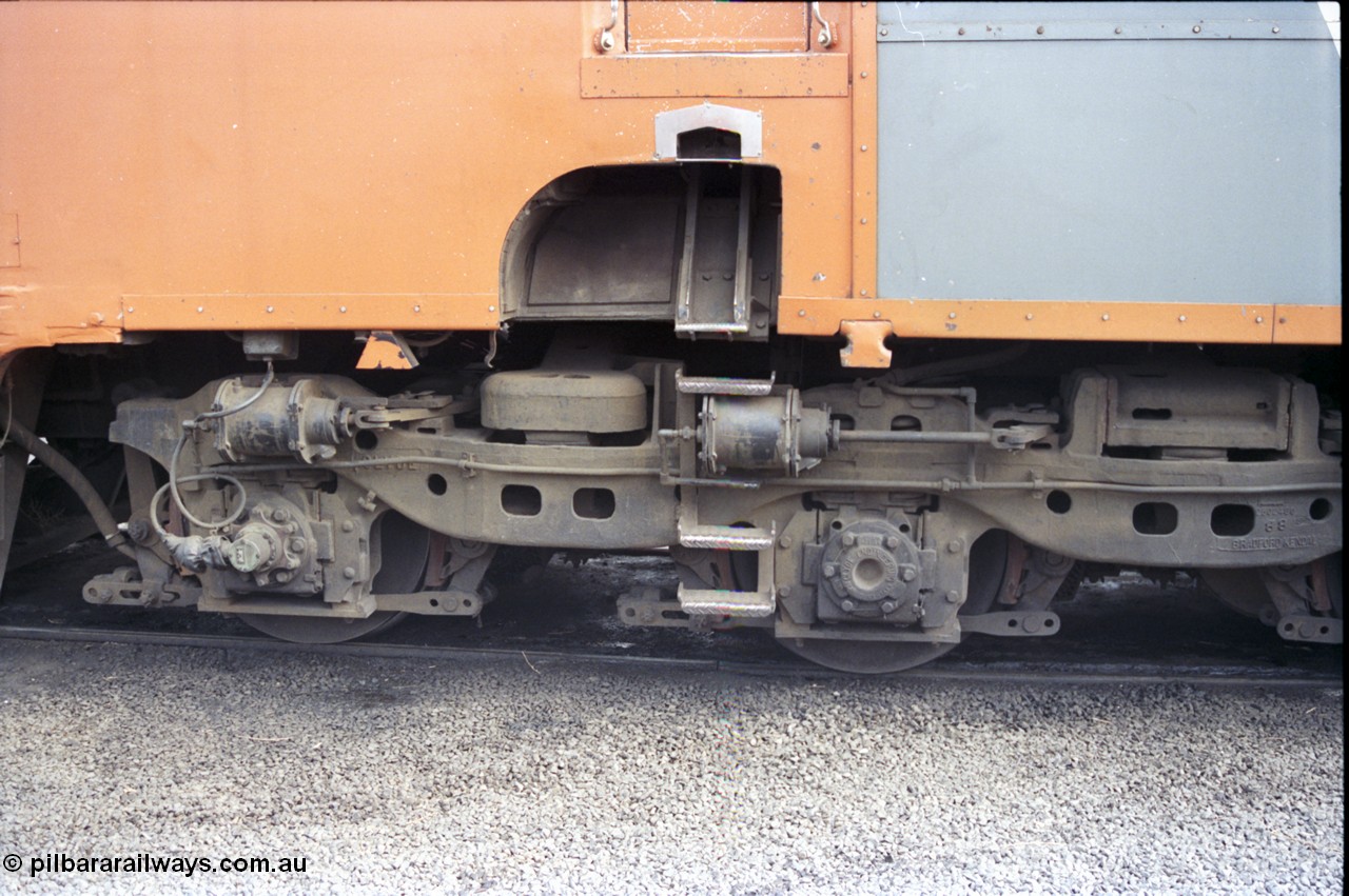 120-07
Seymour loco depot, V/Line broad gauge S class S 317 'Sir John Monash' Clyde Engineering EMD model A7 serial 61-240, detail shot, lbs front bogie, staff exchanger.
Keywords: S-class;S317;Clyde-Engineering-Granville-NSW;EMD;A7;61-240;bulldog;