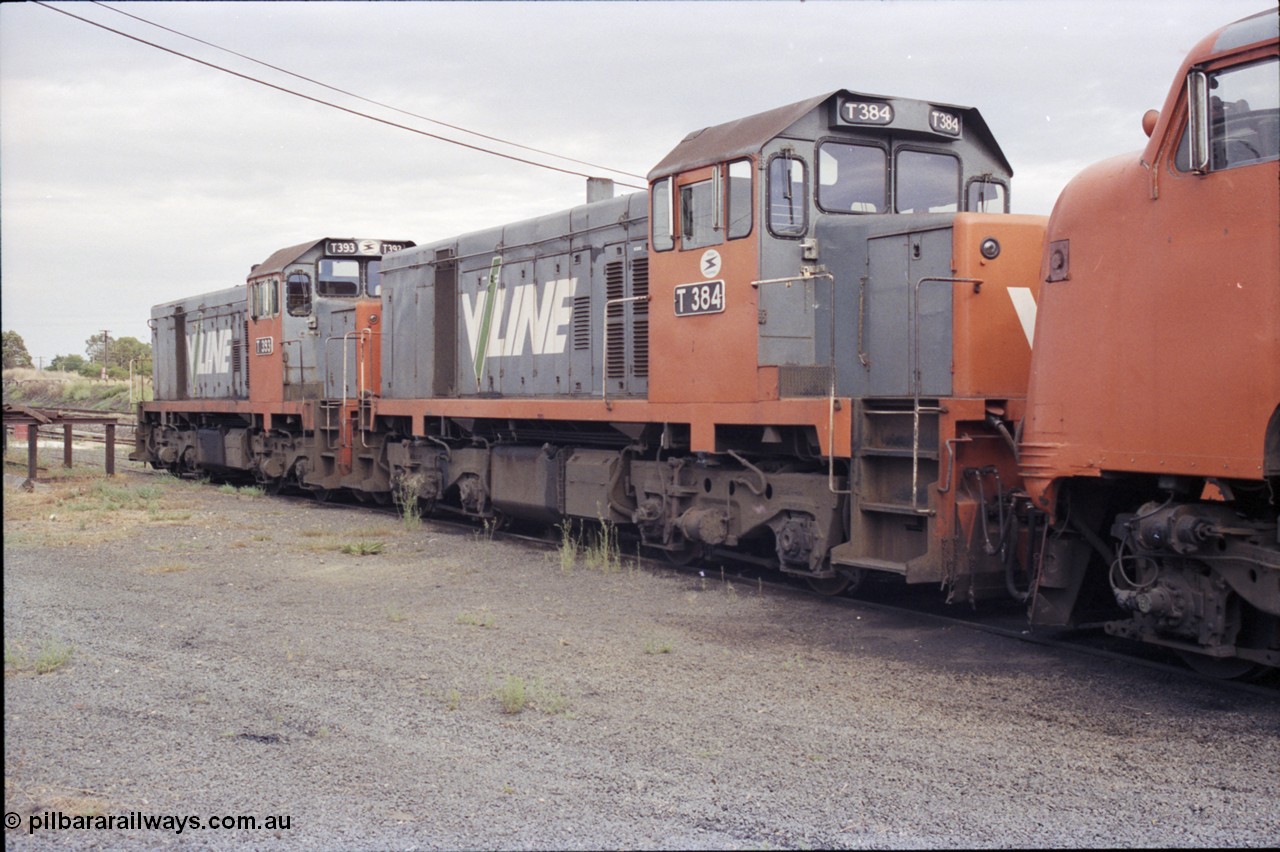 120-09
Seymour loco depot, V/Line broad gauge T classes T 393 Clyde Engineering EMD model G8B serial 65-423 and T 384 serial 64-339 and S class S 317 'Sir John Monash' Clyde Engineering EMD model A7 serial 61-240.
Keywords: T-class;T393;65-423;Clyde-Engineering-Granville-NSW;EMD;G8B;