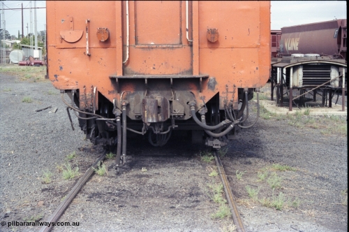 120-06
Seymour loco depot, V/Line broad gauge S class S 317 'Sir John Monash' Clyde Engineering EMD model A7 serial 61-240, pilot detail shot, No.2 end.
Keywords: S-class;S317;Clyde-Engineering-Granville-NSW;EMD;A7;61-240;bulldog;