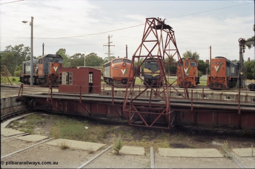 120-11
Seymour loco depot, turntable and pit, V/Line broad gauge locos, P class P 12 Clyde Engineering EMD model G18HBR serial 84-1206 rebuilt from T 329 Clyde Engineering EMD model G8B serial 56-82, B class B 64 Clyde Engineering EMD model ML2 serial ML2-5, CM class CM 3 parcels van, Y class Y 156 Clyde Engineering EMD model G6B serial 67-576 and X class X 41 Clyde Engineering EMD model G26C serial 70-704.
Keywords: P-class;P12;Clyde-Engineering-Somerton-Victoria;EMD;G18HBR;84-1206;