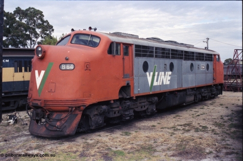 120-13
Seymour loco depot, V/Line broad gauge loco B class B 64 Clyde Engineering EMD model ML2 serial ML2-5, No.2 end.
Keywords: B-class;B64;Clyde-Engineering-Granville-NSW;EMD;ML2;ML2-5;bulldog;