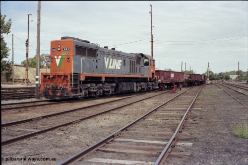 120-17
Benalla yard, V/Line broad gauge loco X class X 43 Clyde Engineering EMD model G26C serial 70-706, stabled down empty steel train, rationalisation has started, goods shed at right.
Keywords: X-class;X43;Clyde-Engineering-Granville-NSW;EMD;G26C;70-706;