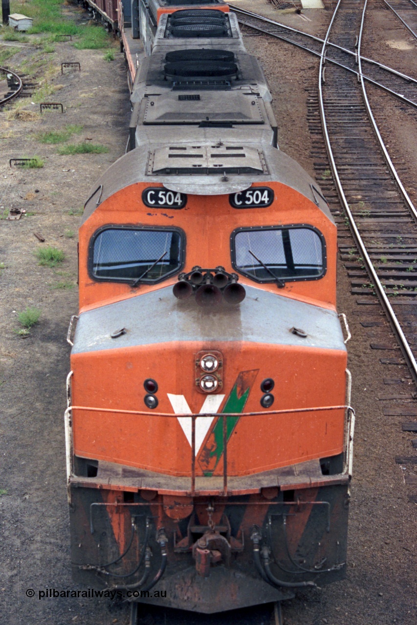 121-05
Albury loco depot, V/Line standard gauge C class C 504 Clyde Engineering EMD model GT26C serial 76-827 elevated vertical view.
Keywords: C-class;C504;Clyde-Engineering-Rosewater-SA;EMD;GT26C;76-827;