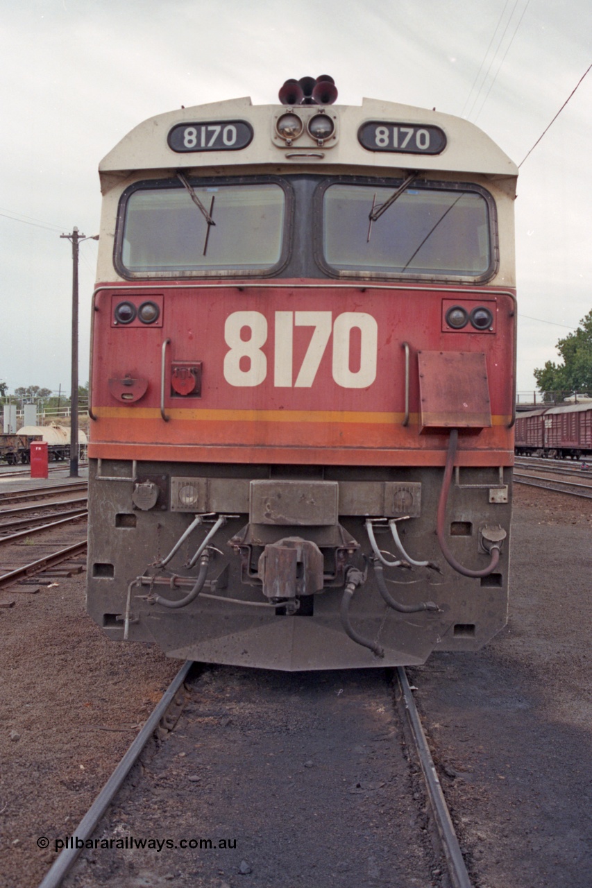 121-08
Albury yard, standard gauge NSWSRA 81 class 8170 Clyde Engineering EMD model JT26C-2SS serial 85-1089, cab front view, candy livery.
Keywords: 81-class;8170;82-1089;Clyde-Engineering-Kelso-NSW;EMD;JT26C-2SS;