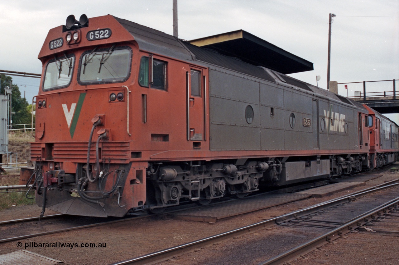 121-12
Albury loco depot, V/Line standard gauge G class G 522 Clyde Engineering EMD model JT26C-2SS serial 86-1235, 3/4 view at the fuel point, coupled to another G class.
Keywords: G-class;G522;Clyde-Engineering-Rosewater-SA;EMD;JT26C-2SS;86-1235;