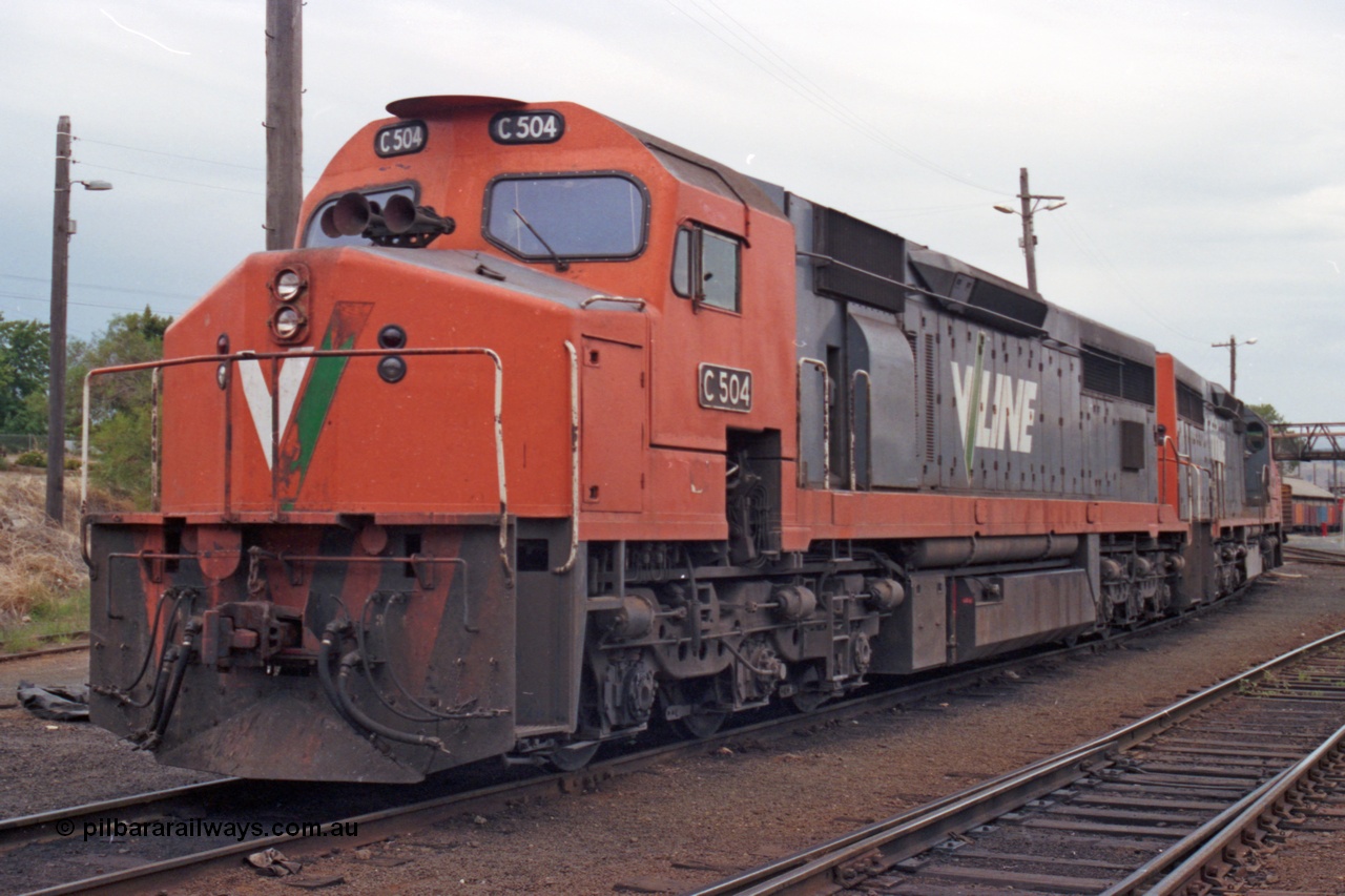 121-14
Albury loco depot, V/Line standard gauge C class C 504 Clyde Engineering EMD model GT26C serial 76-827, coupled to C 505, 3/4 view.
Keywords: C-class;C504;Clyde-Engineering-Rosewater-SA;EMD;GT26C;76-827;