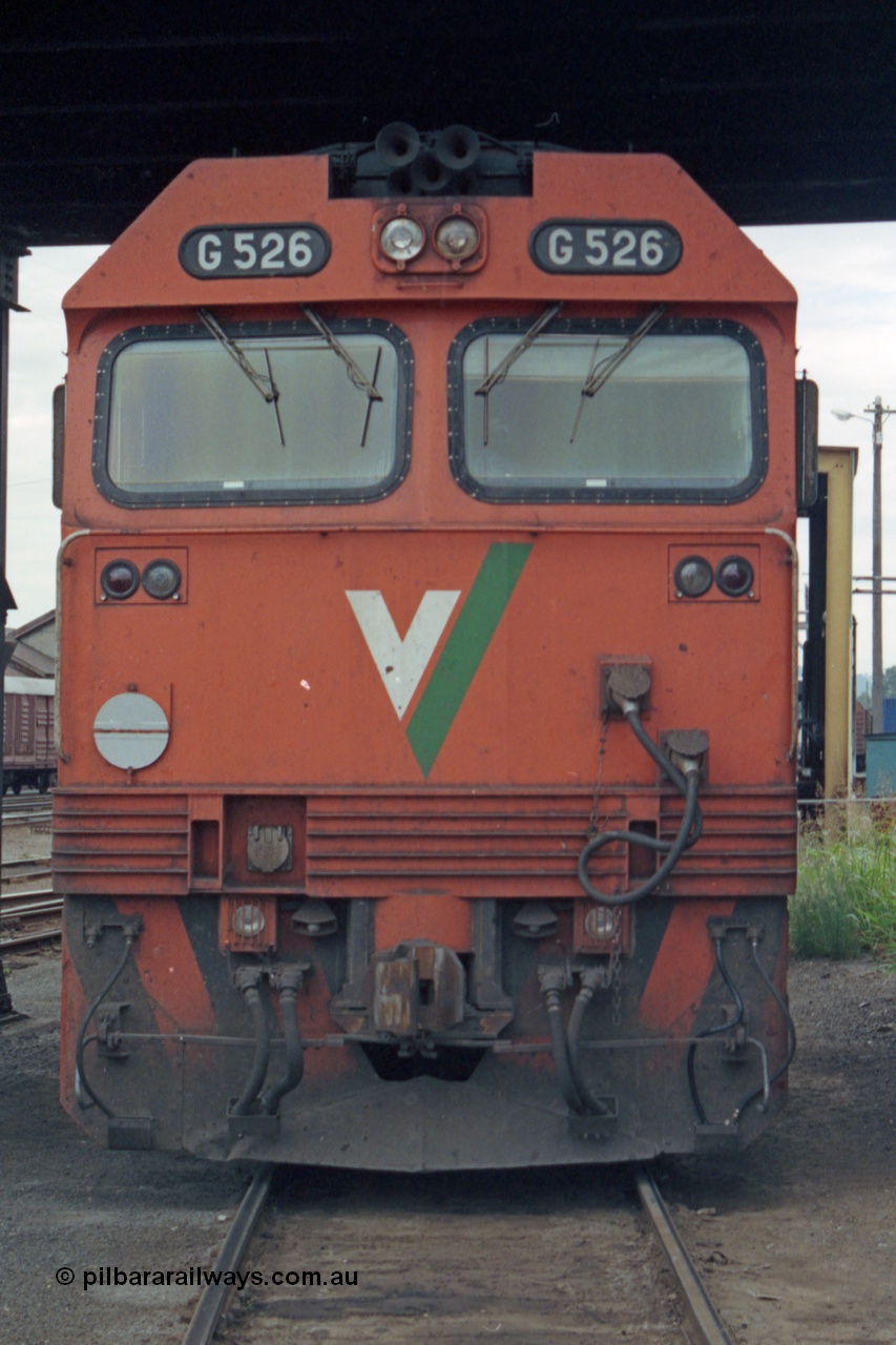 121-15
Albury loco depot, V/Line standard gauge G class G 526 Clyde Engineering EMD model JT26C-2SS serial 88-1256 front view.
Keywords: G-class;G526;Clyde-Engineering-Somerton-Victoria;EMD;JT26C-2SS;88-1256;