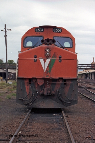 121-13
Albury loco depot, V/Line standard gauge C class C 504 Clyde Engineering EMD model GT26C serial 76-827, front view.
Keywords: C-class;C504;Clyde-Engineering-Rosewater-SA;EMD;GT26C;76-827;