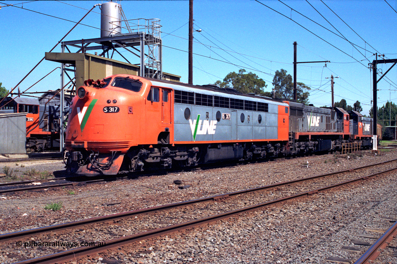 122-08
Traralgon loco depot, V/Line broad gauge locos, S class S 317 'Sir John Monash' Clyde Engineering EMD model A7 serial 61-240, X class X 45 'Edgar H Brownbill' Clyde Engineering EMD model G26C serial 75-792 and T class T 407 Clyde Engineering EMD model G18B serial 68-623.
Keywords: S-class;S317;Clyde-Engineering-Granville-NSW;EMD;A7;61-240;bulldog;