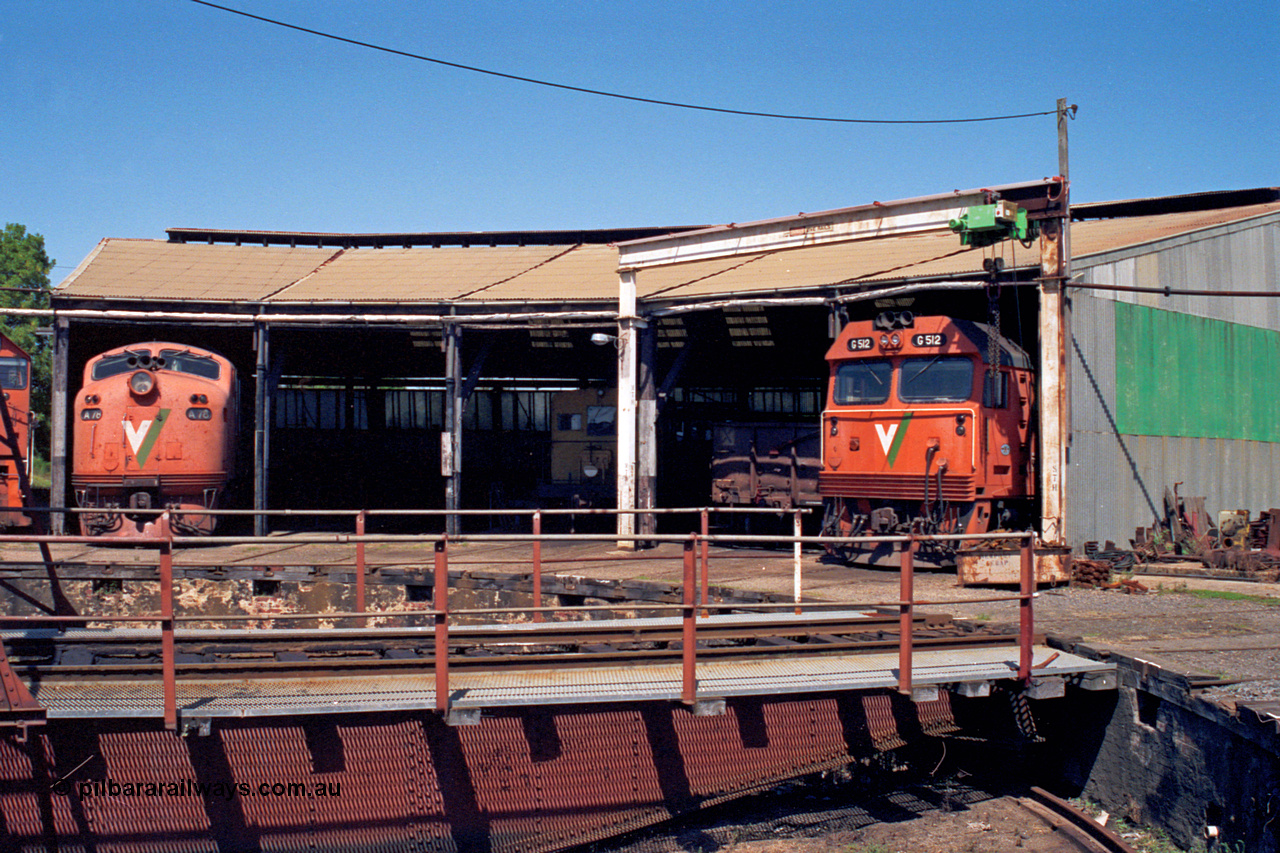 122-12
Traralgon loco depot, round house, turntable, V/Line broad gauge locos A class A 78 Clyde Engineering EMD model AAT22C-2R serial 84-1185 rebuilt from B class B 78 Clyde Engineering EMD model ML2 serial ML2-19, rail tractor RT class and G class G 512 Clyde Engineering EMD model JT26C-2SS serial 84-1240.
